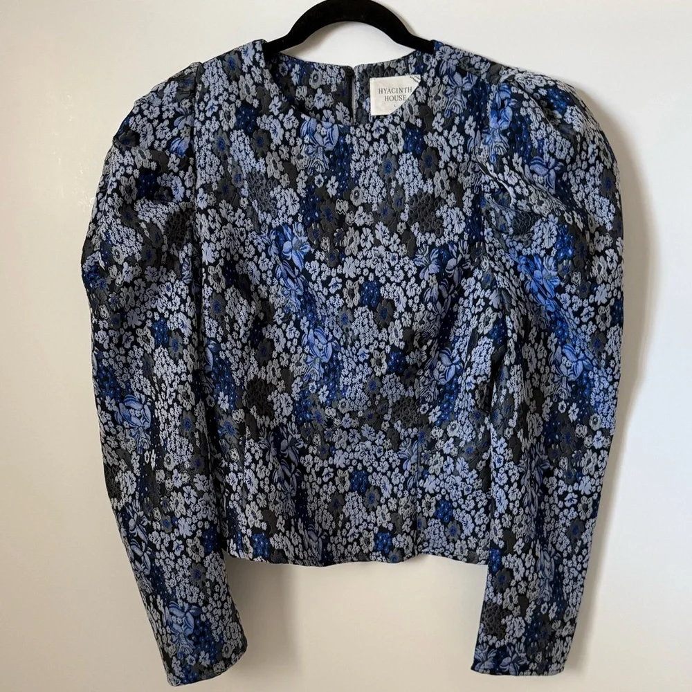NWT Hyacinth House Blue Jacquard Priscilla Floral Puff Sleeve Blouse Size Large